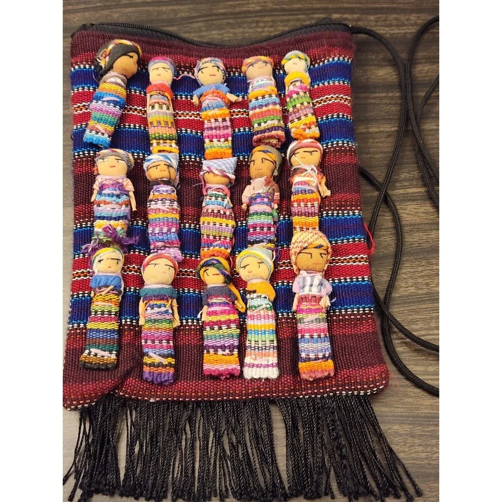 Guatemalan Worry Dolls Crossbody Bag Handmade 15 Dolls Multi-colored
